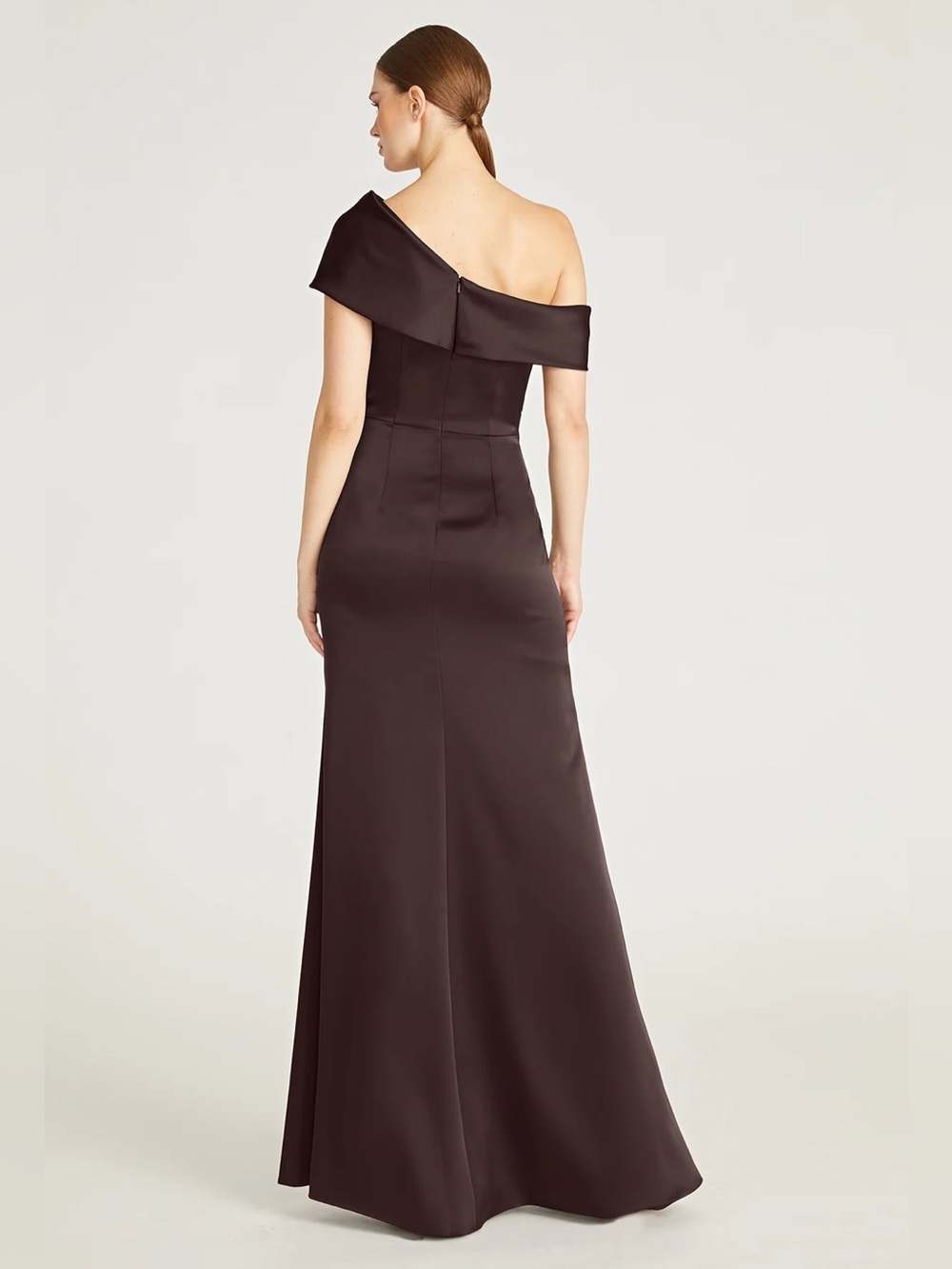 THEIA Celia One Shoulder Draped Gown in Chocolate Brown - Picture 2 of 10